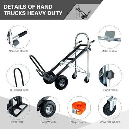 3 in 1 Convertible Hand Truck Dolly Cart with Wheels (Black) | 1000 Lbs Appliance Dolly with Solid Wheels, Hand Truck Heavy Duty for Moving,Transport in Warehouses,Home,Factory - color: Black