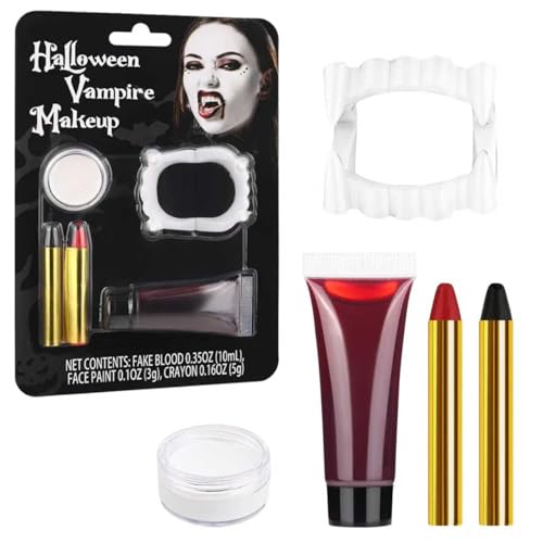 Halloween Vampire Makeup Kit, SFX Makeup Set with White Face & Body Paint, Fake Blood, Face Paint Crayons & Fake Teeth for Vampire, Zombie, Clown Cosplay and Special Effects - color: Vampire Makeup Kit