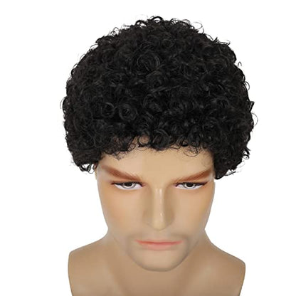 Swiking Mens Curly Afro Wigs Short Black Wig for Male Guy Rocker Wig California Halloween Cosplay Costume Full Wigs（Black） - color: Black