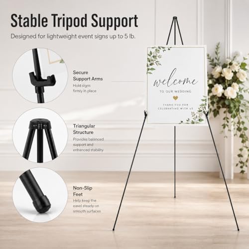 RRFTOK 3 Pack 63 in Sign Easel Stands, Instant-Fold Tripods with Bags | Instant-fold metal tripod with carry bag for welcome sign, poster display, foam board and floor use - style: 63B 3pack