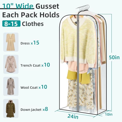 LANDNEOO 6 Pack Clear Garment Bags for Hanging Clothes with Zippers on Double Sides - 10'' Clothes Storage for Coat, Dress, and Fur in Closet - 50'' Long Suit Bags - size: 50 inch