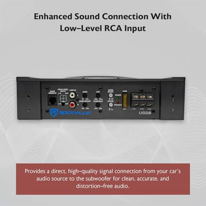 Rockville USS8 8" Slim Under-Seat Active Powered Car/Truck Subwoofer | 600W Peak / 150W RMS, Bass Knob, CEA-2006 Compliant, RCA and High Level Inputs, Auto Turn-On, Built-In Amp, 2.9" Profile