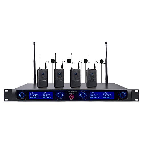 Sound Town 4 Channels Professional UHF Wireless Microphone System with Rack Mountable Metal Receiver and 4 Lavalier Mics with Bodypack Transmitters, for Church, School, Meeting, Party and Karaoke - color: Matte Black