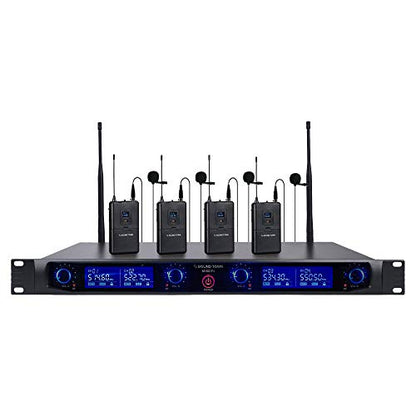 Sound Town 4 Channels Professional UHF Wireless Microphone System with Rack Mountable Metal Receiver and 4 Lavalier Mics with Bodypack Transmitters, for Church, School, Meeting, Party and Karaoke - color: Matte Black