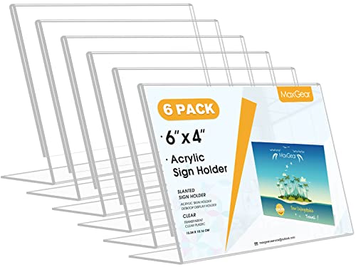 MaxGear Acrylic Sign Holder 4 x 6 Inches 6 Pack, Horizontal L Shape - color: Clear, size: 6"x4"-6 Pack
