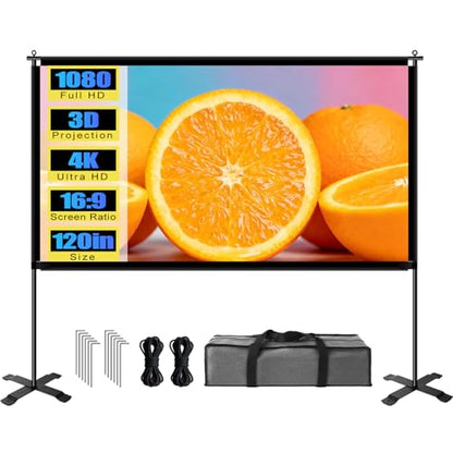 120 inch Outdoor Projector Screen with Stand, Portable Projector Screen with Carry Bag, 4K Anti Light Glare Movie Projection Screen for World Cup Indoor Room Home Theate