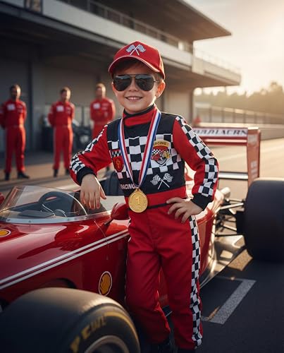 Kids Race Car Driver Costume Set Boys Girls Racer Jumpsuit Halloween Racer Cosplay Dress Up - size: 5-6 Years
