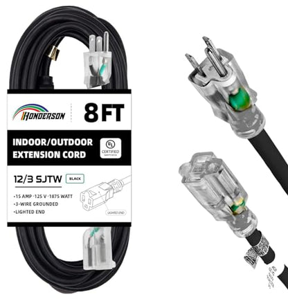 8 Ft Black Outdoor Extension Cord with Lighted End Weatherproof 12 Gauge | UL Certified 12/3 SJTW Cable, 15A Rated, Designed for Outdoor Lights, Appliances and Lawn Equipment - size: 8FT, style: 12/3