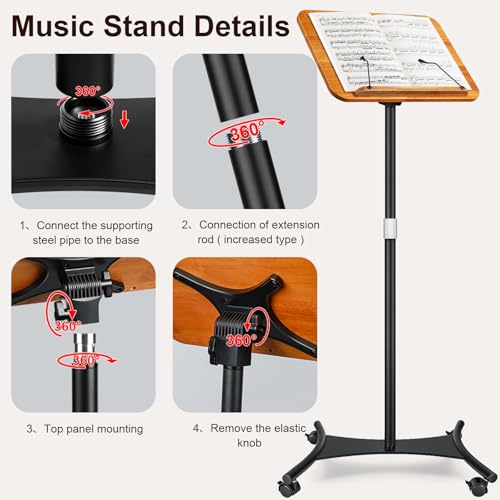 2-in-1 Dual-use Floor & Desktop Music Stand, Adjustable 16.5"-51" Book Stand, Solid Wood Sheet Music Holder, Floor Book Stand with Elastic Page Clip for Cookbooks, Laptop (Natural Wood with Wheel) - color: Natural Wood With Wheel