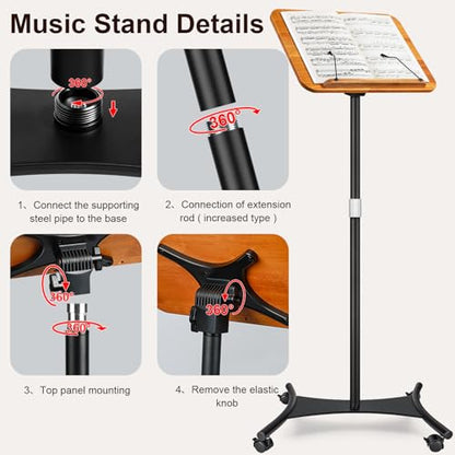 2-in-1 Dual-use Floor & Desktop Music Stand, Adjustable 16.5"-51" Book Stand, Solid Wood Sheet Music Holder, Floor Book Stand with Elastic Page Clip for Cookbooks, Laptop (Natural Wood with Wheel) - color: Natural Wood With Wheel