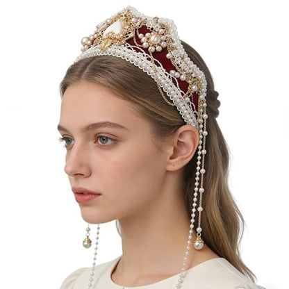 BPURB Women Tudor French Hood Headband Renaissance Anne Boleyn Hat Elizabethan Headwear Halloween Costumes - color: Red