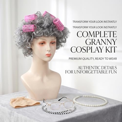 MAQIHAN Old Lady Wig Costume Set - Gray Granny Wig with Rollers Glasses | Funny Grandma Cosplay Accessories with Pearl Necklace for Women, Halloween 100th Day of School Party Theater Dress Up - color: Light Grey