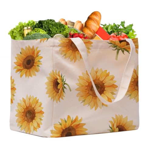 Aesthetic Canvas Reusable Grocery Bags Heavy Duty, 8.3 gal Foldable Large Tote Bag with Handles, Holds 60 lbs & Washable Eco-friendly Bags with 5 Pockets, Beige with a print 1 Bags - color: [A4] Sunflower, size: 1 Pack