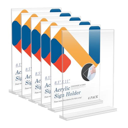Relx 6 Pack Acrylic Sign Holder 8.5 x 11, Vertical T Shape Plastic Sign Holder with Base, Double-Sided Clear Tabletop Plexiglass Flyer Stands for Restaurant Office Store Home Picture Frame Display - color: 6pack