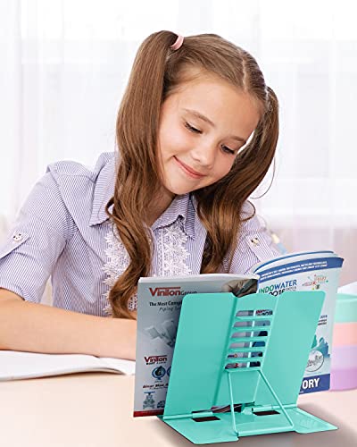MSDADA Book Stand Metal Reading Rest Book Holder Adjustable Cookbook Documents Holder Portable Sturdy Bookstands for Recipes Textbooks Tablet Music Books with Page Clips (Light Green) - color: Light Green