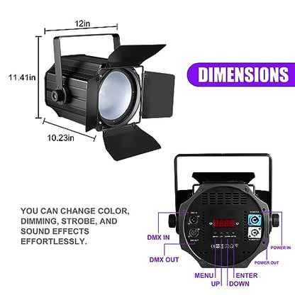 COB Stage Lights with Barn Doors, COB Par Light 200W LED RGBWAUV DMX512 Master-Slave Sound DJ Lighting Spotlight Fresnel for Church Concert Wedding