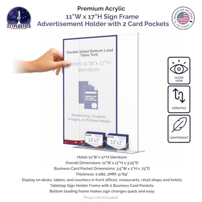 Marketing Holders 2 Pack Acrylic Sign Holder 11" x 17" Bottom Load Display with 2 3.5" x 2" Business Card Pockets for Restaurants Retail Stores and Businesses - size: 11"W x 17"H Bottom Load w/2 Card Slots