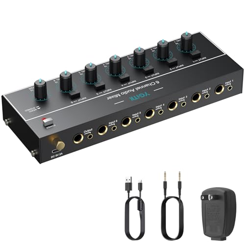 6 Channel Stereo Mixer 1/4" & 1/8" TSR Audio Output/Input Jack for Guitars | YGiTK Independent Control and Switch for Dual Mono/Stereo Modes, Type-C Powered, Line Mixer for Bass, and Dynamic Microphones - size: Large(6-channel)