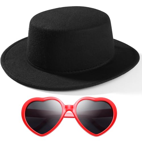Fashion Classic Black Fedora Hats + Red Heart Sunglasses Costume Outfit - Flat Wide Brim Church Cap Jazz Hat - style: Kids