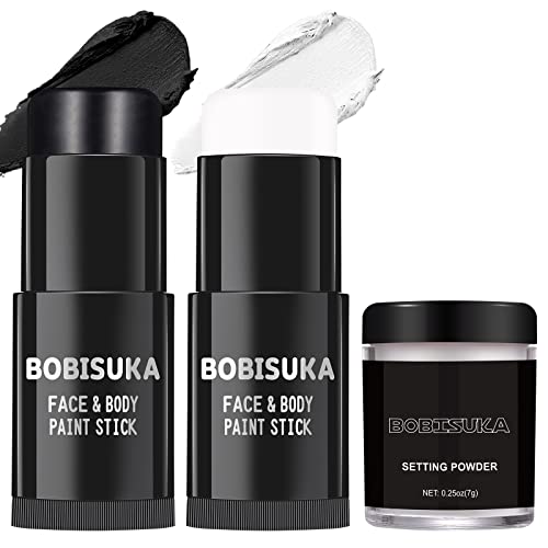 BOBISUKA Black White Face Paint Stick with Setting Powder Set, Eye Black Sticks for Sports, Body Paints for Clown Skeleton Vampire Skull Cosplay Special Effects Costume SFX Halloween Makeup Kit - color: Black,White with Setting Powder