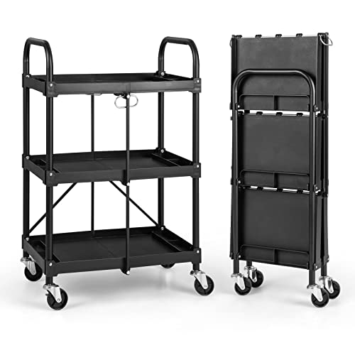 Goplus Folding Utility Cart on Wheels, 250lbs 3-Tier Rolling Tool Cart w/Lockable Casters & Compartments, Fast Fold up Collapsible Metal Service Cart for Office, Garage, Kitchen, Black
