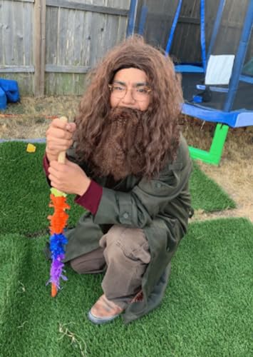 ALLAURA Brown Wizard Wig and Beard Set | Mens Wizard Character | Fake Wizard Beard Mustache Fits Adult Men — Mens Halloween Costume, Compatible with Viking Beard Costume & Viking Wig Man - color: 19-Brown