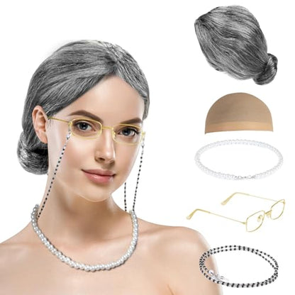 MAQIHAN Grandma Wig Costume Set - Gray Bun Wig with Cap and Glasses | Old Lady Cosplay Accessories with Retainer Chain Pearl Necklace for Party, Funny Comedy Theater and Costume Outfit - color: Grey02