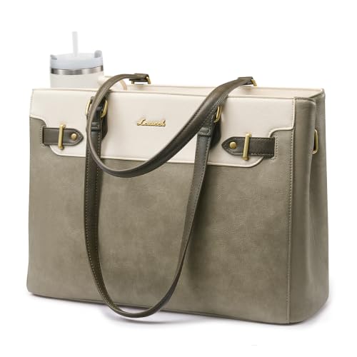 LOVEVOOK Laptop Tote Bag for Women Work, Teacher Tote Bag with Large Cup Holder, Waterproof Leather Computer Bag - color: Pea Green-beige-dark Green, size: 15.6 inch