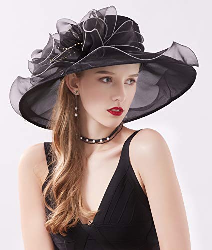 Women Derby Fascinator Hat Organza Church Wedding Hats Wide Brim Cocktail Tea Party Hat - color: 09 Black