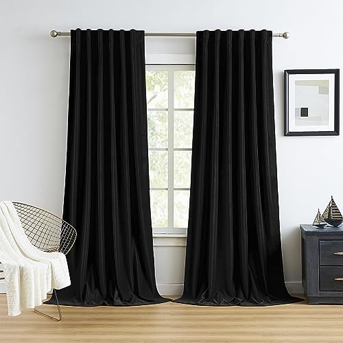 MUMFAS Velvet Blackout Curtains 84 Inches Long for Bedroom Office, Back Tab Rod Pocket Dark Out Heat Blocking Living Room Curtains 52 by 84 Inch 7 FT Length, 2 Panels, Black - color: Black, size: 52"W x 84"L (Pack of 2)