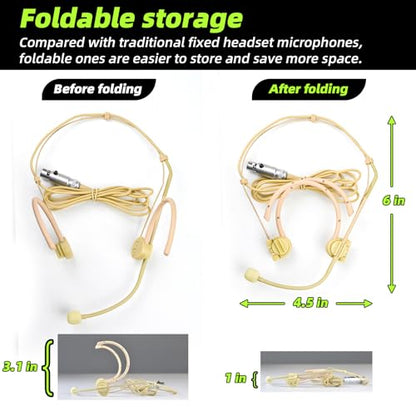 MRSDY Professional Headset Microphone, Compatible with Shure Wireless System, Omnidirectional Condenser Double Over Ear Headworn Mic, 4-Pin Mini XLR, Cable Length 42 Inch (Beige) | Noise Reduction, Clear Sound, Omnidirectional Condenser Double Over Ear He