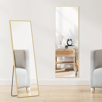 OLIXIS Full Length Mirror 59"x16.3" for Bedroom, Full Body Mirror with Stand, Hanging or Leaning for Wall, Aluminum Alloy Thin Frame Floor Standing for Living Room, Long, Gold
