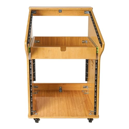 Sound Town DIY Solid Carbonized Bamboo Recording Studio Rack with 11U Slant Mixer Top, 10U Front, 2U Drawer, Rubber Feet, Casters, for Recording Room, PA/DJ Equipment, Home-Audio (STBR-M11X10) - size: 10U w/ Mixer Top, 2U Drawer