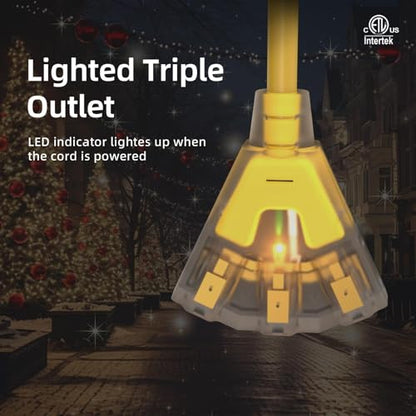 12FT 12/3 Heavy Duty 3-Outlet Lighted Outdoor Extension Cord ETL | 15A 1875W, pure copper SJTW waterproof -58°F to 140°F, lawn care, woodworking, metal cutting, barn, outdoor use, 3-prong