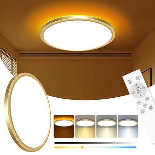 zemty 12 Inch LED Ceiling Light with Night Light 1800K, 3000K/4000K/6500K Dimmable Fixture with Remote Control, Low Profile Lighting for Bedroom Living Room Kitchen - Gold - color: Gold, size: 12in-1Pack