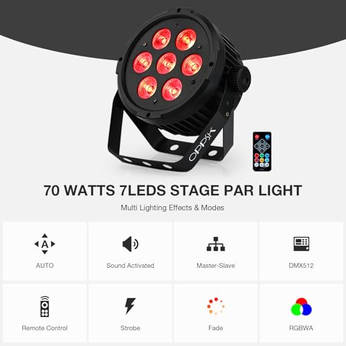 70W 7LED RGBWA DMX Stage Par Lights by Remote Control | Auto Play Sound Activated, Uplights for Wedding Church Christmas Club Bands Mobile DJ Events Party