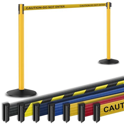 Prime 10' Long Outdoor Weather Resistant Retractable Belt Stanchion 2 Pk, 40” Tall Steel No-Tools Assembly Crowd Control Barriers, (Yellow Aluminum Post w/Caution-Do Not Enter Belt) | Commercial Grade Outdoor Retractable Belt Stanchions, PRIME, Cement Bas