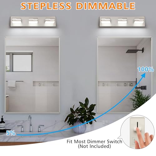 3-Light LED Bathroom Vanity Light, 19 Inch Modern Brushed Nickel | Vanity Light Fixture, Dimmable Bathroom Lighting Over Mirror with 350° Adjustable Acrylic Heads, 5500K Daylight White - color: Nickel-5500K-Dimmable, size: 3-Light, 19-inch