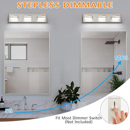 3-Light LED Bathroom Vanity Light, 19 Inch Modern Brushed Nickel | Vanity Light Fixture, Dimmable Bathroom Lighting Over Mirror with 350° Adjustable Acrylic Heads, 5500K Daylight White - color: Nickel-5500K-Dimmable, size: 3-Light, 19-inch