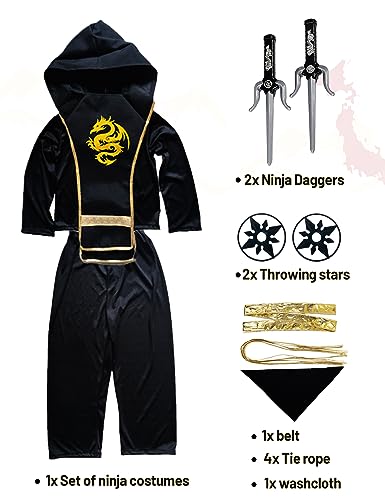 Kids Ninja Costume - Dragon Ninja Set for Halloween Boys Girls Cosplay | Ninja Kids Costume, Ninja Outfit Set for Kids, Plastic Toy Accessories, Theme Party Costumes, Theater plays, Role-playing - size: Large (6 - 7 yrs)