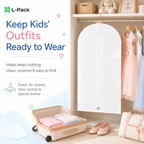 Kids Garment Bag with Clear Window, Hanging Clothes Storage Cover for Dresses, Suits & Dance Costumes, Breathable Travel Bag for Baby Toddler Child, 30" x 18", White, Pack of 1 - color: White