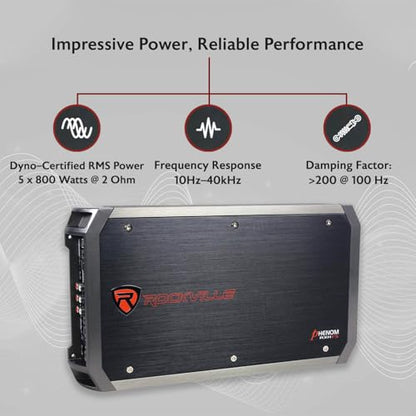 Rockville RXH-F5 3200W 5-Channel Car Amplifier, Dyno-Certified RMS, MOSFET Power Supply, ELNA Capacitors, Class-A/B D, Perfect for Car Audio and Subs | Class A/B + D, MOSFET, High-Level Input, Bass Knob, 2-Ohm Stable, Bridgeable, Crossover, Subsonic Filte