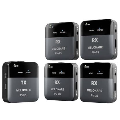 MELONARE Portable Wireless IEM System Mono/Stereo Switch PM-2S-4R | 4 Receivers, 24bit/48kHz Audio, Mono/Stereo Switch, OTG Input, Live Shows, Studios, Bands - size: 4 receiver +1 transmitter