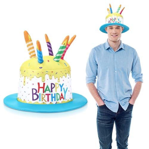 Cuffbow Happy Birthday Cake Hat for Adults Funny Birthday Hat with Candles Novelty Cake Hats for Party Headwear Unisex - color: Yellow and Blue