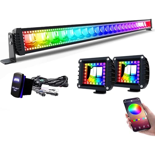 Lpteso RGBW LED Light Bar 50 inch 288W Flood Spot Combo Beam 2PCS 4 Inch 18W Flood RGB LED Pods with 16 Solid Colors Chasing RGB Halo Ring Changing with Strobe Flashing with Rocker Switch Wiring - size: 50Inch RGB Straight LED Light Bar