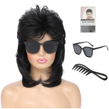 Mullet Wig, Retro Rocker Style Wig, 80s & 90s Costume Glam Party Accessory, Ideal for Halloween and Cosplay(Black) - color: w57-Black