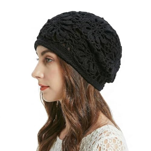 ZLYC Women Cotton Crochet Slouchy Beanie Hat Handmade Knit Summer Skull Cap | Lightweight breathable,boho casual chic look,travel photos festival party,café commute daily wear,beach concert gathering - color: Black Knitted
