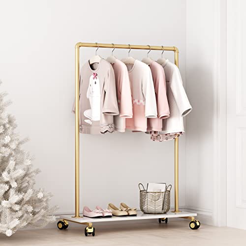 Gold Metal Clothing Rack with Wood Shelf, Heavy Duty Rolling Garment Rack with Wheels for Bedroom Retail Boutique Use (37.4L inches) - style: single-small