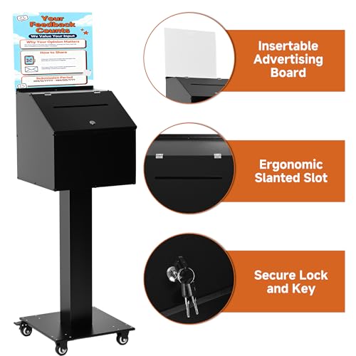 lesolar Suggestion Box with Stand, Floor Standing Offering Box with Wheels | Heavy Duty Metal Ballot Collection Box, Donation Box with Sign Holder, Ballot Box with Slot & Lock for Voting Charity Church
