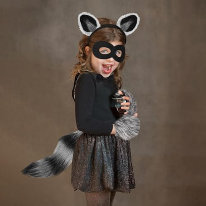 6 Pieces Kids Raccoon Costume Accessories Set | Animal Ears Headband Claw Gloves Tail Bow Tie and Mask for Boys Girls Adult Halloween Christmas Carnival Cosplay Party Suit